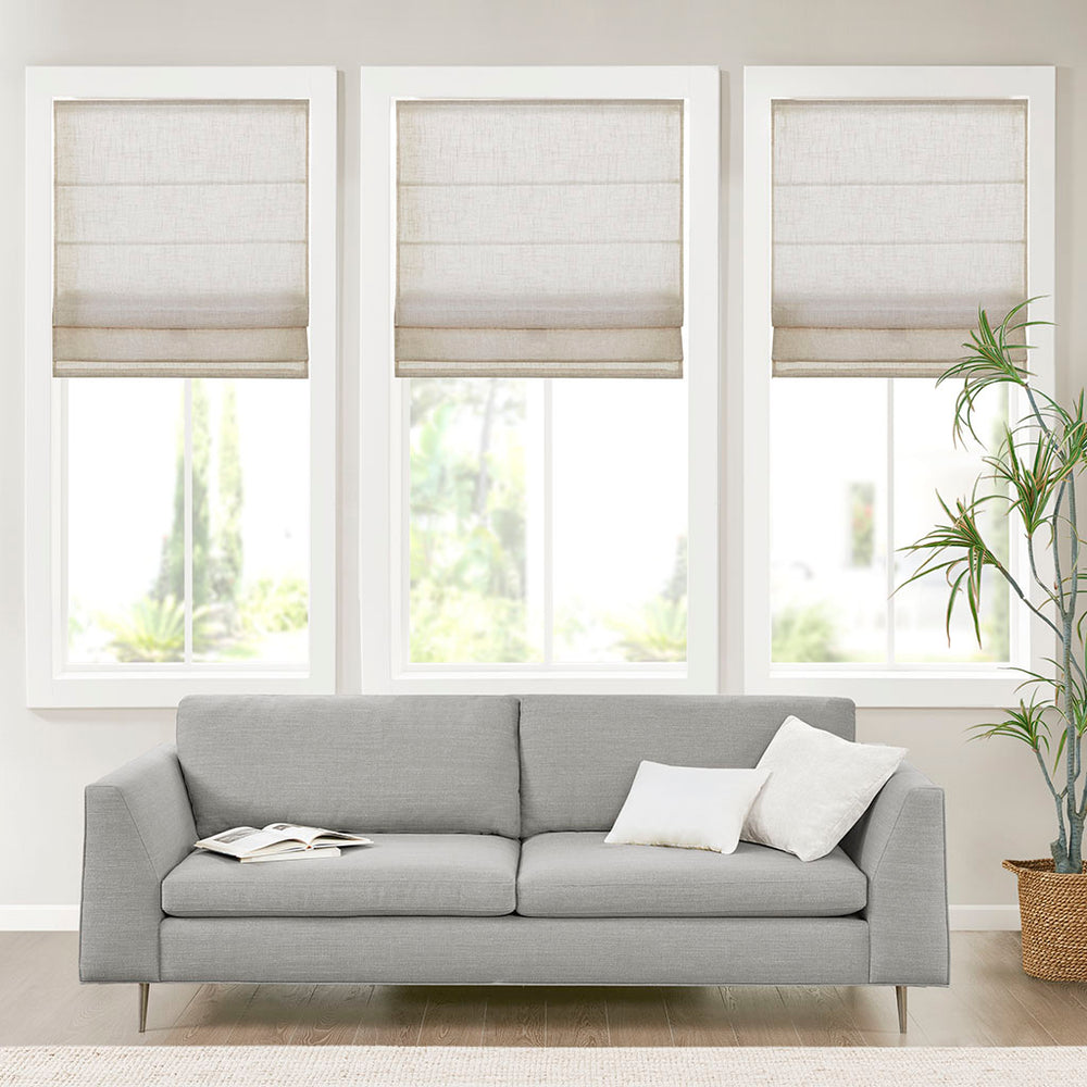 JLA Home Madison Park - Linen Kyler Roman Shade Cordless Light-Filtering Linen-Blend Fabric OEKO-TEX Certified, Soft White Texture Natural MP40-7981