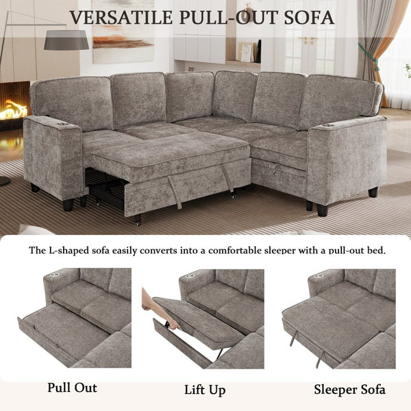 English Elm L-shaped Chenille Sectional Sleeper Sofa with Storage and Usb Charging Ports Light Brown W1998S00089