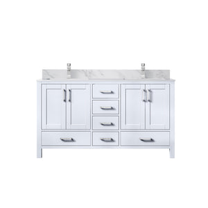English Elm White Double Bath Vanity 60in W x 22in D with Carrara Marble Top, Chrome Faucet, Soft-Close Storage Durable B2731P259071