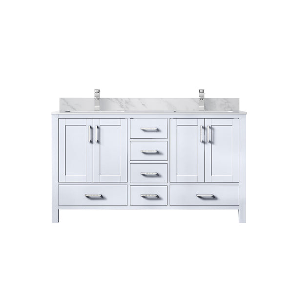 English Elm White Double Bath Vanity 60in W x 22in D with Carrara Marble Top, Chrome Faucet, Soft-Close Storage Durable B2731P259071