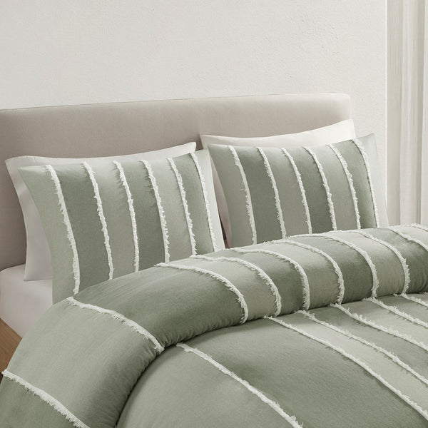 English Elm Full/Queen Boho Striped Cotton Duvet Cover Set with Green Clip Jacquard Trim, OEKO-TEX, Machine Washable B035P217804