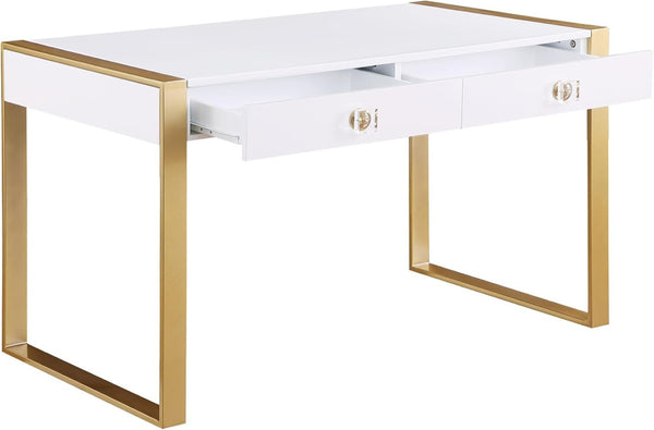 English Elm Modern Lacquer Wood Desk with Brushed Gold Legs and Dual Acrylic Handle Drawers B011P422558