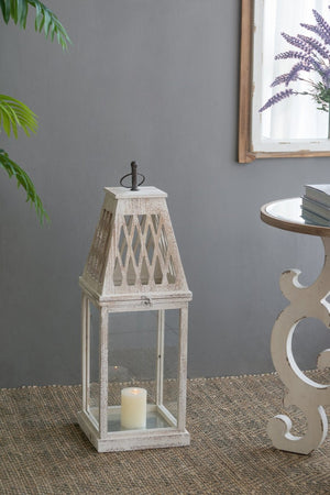 English Elm Set of 2 French Country Fir Wood Lanterns with Carved Lattice Tops Weathered White Finish W2078P495672