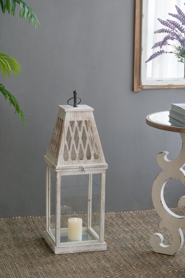 English Elm Set of 2 French Country Fir Wood Lanterns with Carved Lattice Tops Weathered White Finish W2078P495672