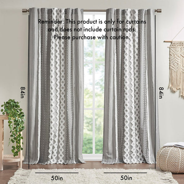 English Elm Cotton Imani Printed Window Panel with Tufted Chenille Stripe, Lined Ivory for Soft Privacy Gray 4.92 L x 12.2 W x 7.87 H B03596628