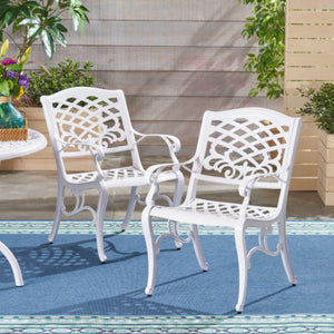 English Elm Phoenix Cast Aluminum Outdoor Dining Arm Chairs Ornate Lattice Scroll Garden Patio Set White N776P381164W