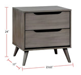 English Elm Mid-Century Modern Gray Color 1 Piece Nightstand Bedroom Furniture Solid Wood Round Tapered Legs 2-Drawers Bedside Table