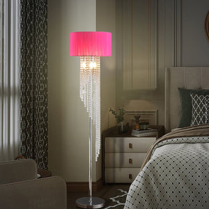 English Elm 65.75"H Sheer White Drum Shade Floor Lamp with Cascade Crystal Raindrops, Chrome Metal Elegance for Living Room Multicolor B072P220161