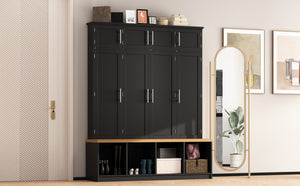 English Elm Wood Entryway Hall Tree with Bench Seating Coat Hooks Shoe Cubbies Cabinet Black W5271S00003