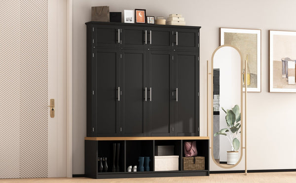 English Elm Wood Entryway Hall Tree with Bench Seating Coat Hooks Shoe Cubbies Cabinet Black W5271S00003