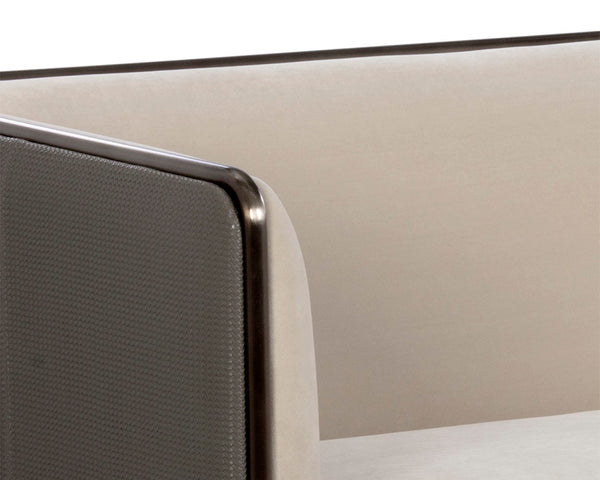 Sunpan SIERRA Sofa - Contemporary Meg Taupe & Textured Porcini Faux Leather with Bronze Frame Elegance 108050