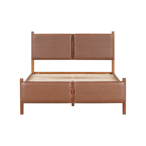 English Elm Christopher Knight Home® - Queen Upholstered Leather Headboard Bed Frame with Solid Wood Slats, Mid-Century Modern Support, No Box Spring Needed Brown N758D928485N