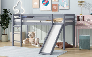 English Elm Twin Low Loft Bed with Slide and Ladder for Kids, Rubberwood Frame, Safety Guardrails & Playspace Grey W504P218522