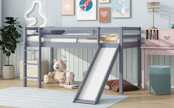English Elm Twin Low Loft Bed with Slide and Ladder for Kids, Rubberwood Frame, Safety Guardrails & Playspace Grey W504P218522