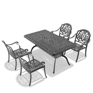 English Elm 5-Piece Cast Aluminum Patio Furniture Set With Brown Cushions, Umbrella Hole, Stacking Chairs W1710S00145