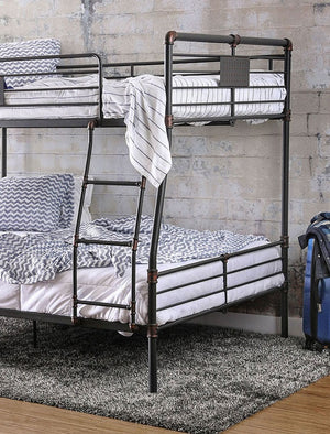 English Elm Industrial Metal Bunk Bed Full Over Queen with Attached Ladder, Pipe Frame, Upper Guard Rails, Vintage Charm Antique Black 70 L x 65 W x 5 H B2741S00374