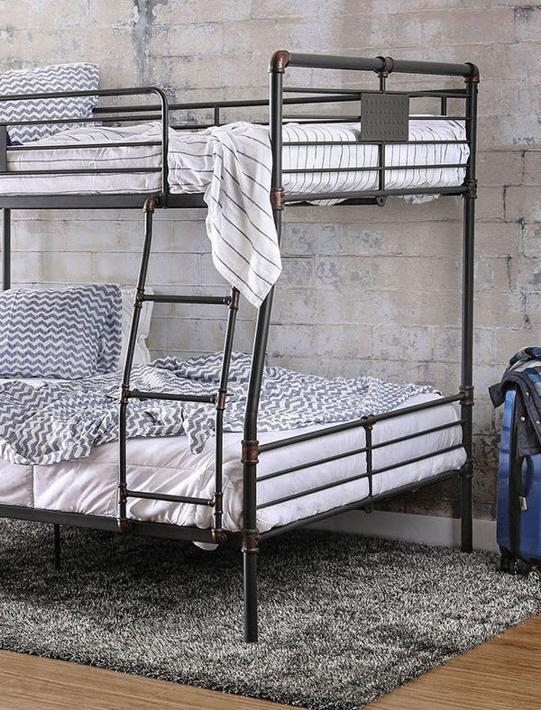 English Elm Industrial Metal Bunk Bed Full Over Queen with Attached Ladder, Pipe Frame, Upper Guard Rails, Vintage Charm Antique Black 70 L x 65 W x 5 H B2741S00374
