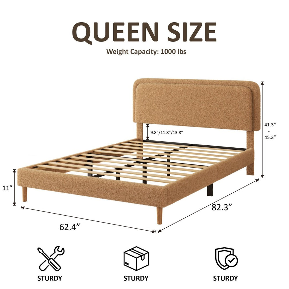 English Elm Queen Velvet Tufted Platform Bed Adjustable Headboard Steel Frame No Box Spring Brown W5239P502752