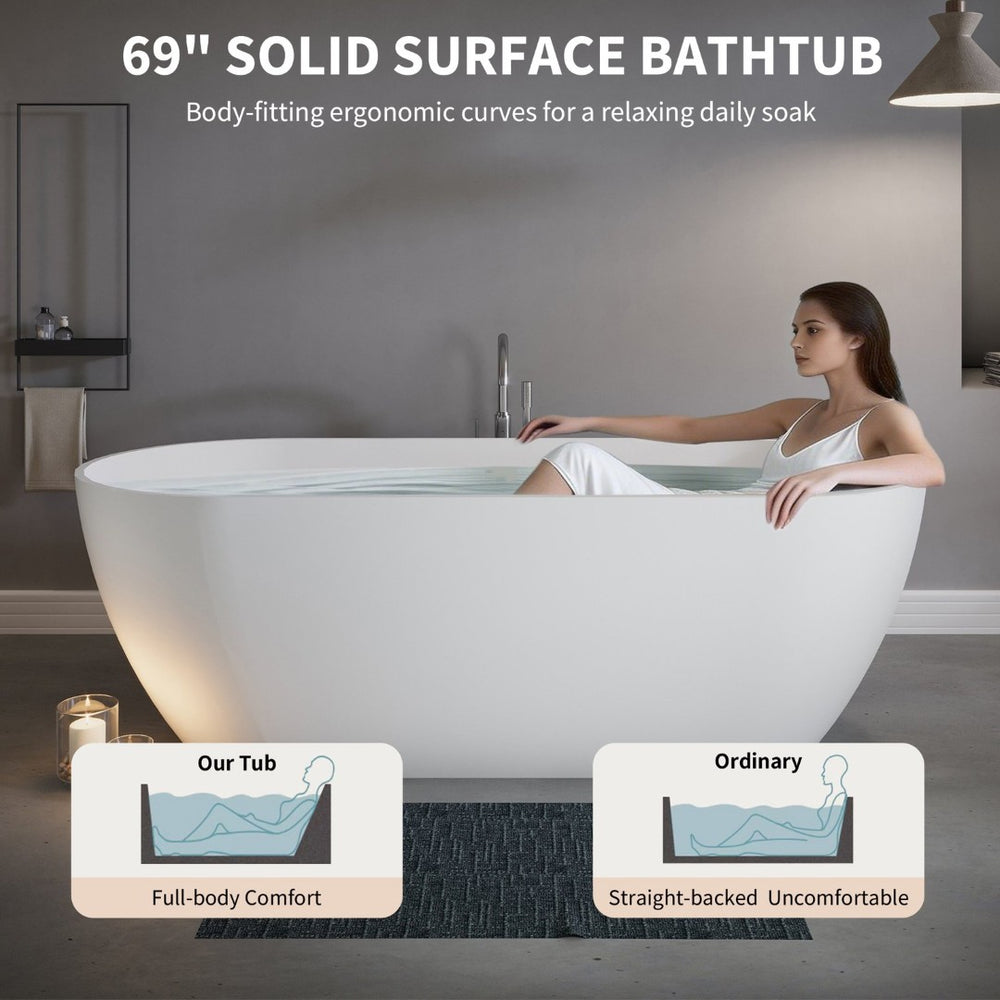 English Elm 69" Stone Resin Freestanding Soaking Tub Matte Finish Spa Grade Ergonomic Bath W1920P410086
