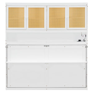 English Elm Twin Murphy Bed with Rattan Cabinet Doors Led Lighting and Usb Charging for Small Spaces White LP000740AAK