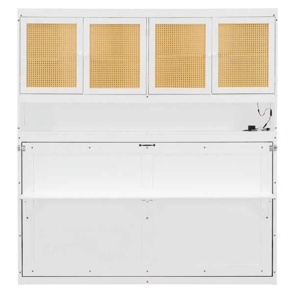 English Elm Twin Murphy Bed with Rattan Cabinet Doors Led Lighting and Usb Charging for Small Spaces White LP000740AAK