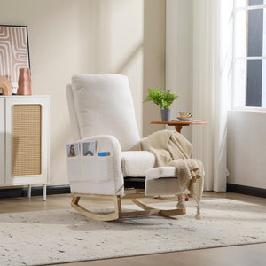 English Elm Modern Upholstered Glider Rocker with Teddy Fabric High Back and Rubberwood Base White W3723P409074