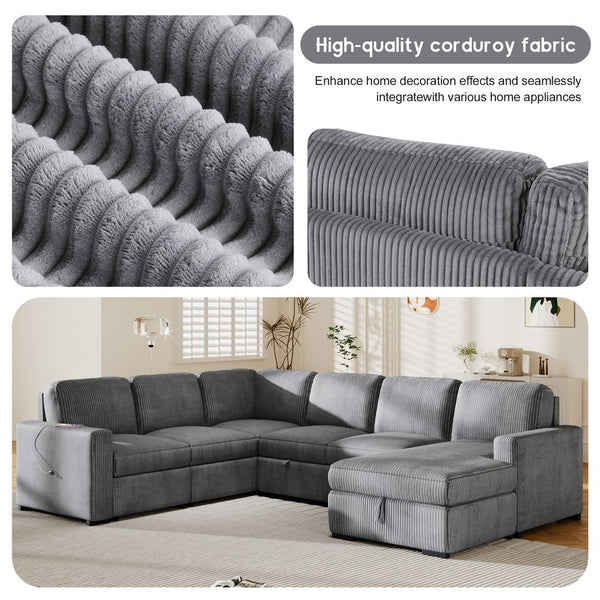 English Elm U_Style U-Shaped Corduroy Sectional Sofa With Storage & Usb Ports - 6-Seater Comfort For Any Space N711P235751E-GIGA