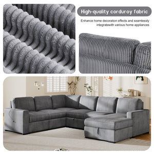 English Elm U_Style U-Shaped Corduroy Sofa With Usb Ports & Storage – 6-Seater Modular Sectional For Any Space N711P235755E-GIGA