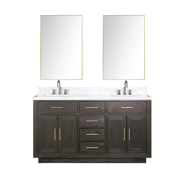 English Elm Brown Oak Double Bath Vanity With Carrara Marble Top & Chrome Faucets - Elegant Storage Solution B2731S01793