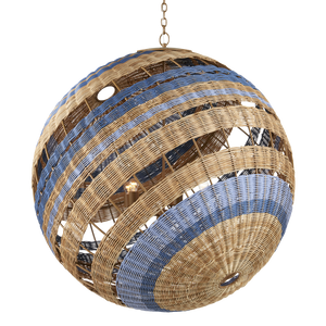 Senjyo Tilted Orb Chandelier – Artisan Rattan & Wrought Iron Pendant Light in Blue & Khaki Finish