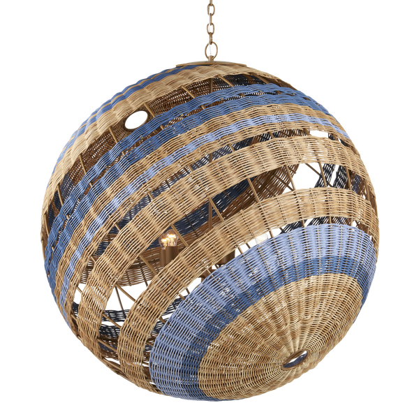 Senjyo Tilted Orb Chandelier – Artisan Rattan & Wrought Iron Pendant Light in Blue & Khaki Finish