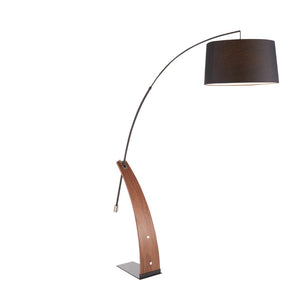 English Elm Mid-century Modern Arc Floor Lamp with Bentwood Base and Black Linen Reading Shade B202S02209