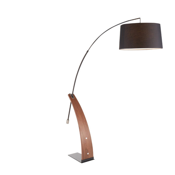 English Elm Mid-century Modern Arc Floor Lamp with Bentwood Base and Black Linen Reading Shade B202S02209