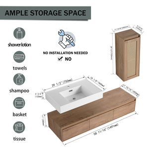 English Elm 60 Inch Wall-Mounted Bathroom Vanity Set With Resin Sink, Soft-Close Drawers & Side Cabinet Storage W999S00357
