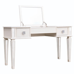 English Elm Mirrored Vanity Desk with Drawers and Flip-Up Mirror, Silver PU Stool, Crystal Knobs, Storage Elegance W2170P209976