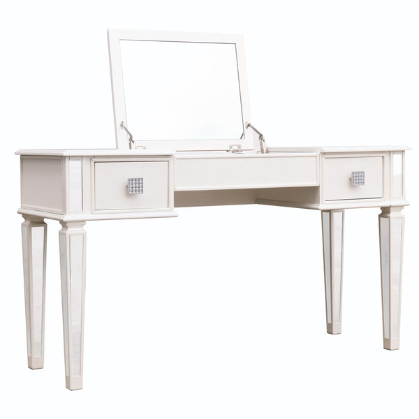 English Elm Mirrored Vanity Desk with Drawers and Flip-Up Mirror, Silver PU Stool, Crystal Knobs, Storage Elegance W2170P209976
