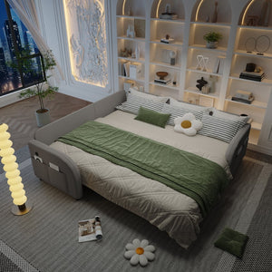 English Elm 85.1" Teddy Plush L-shaped Sectional Sleeper Sofa with Usb Ports and Pull Out Bed Light Grey W1885S00320