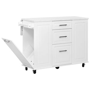 English Elm K&K Vintage Convex Kitchen Island Cart with Faux Marble Top, Tilt Trash, Pull-Out Organizer, Wheels White N707P299008W