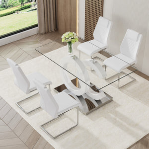 English Elm 1 Table and 4 Chairs Set.63"X35.4 Rectangular Transprant Tempered Glass Dining Tabletop With White Mdf Oc Shaped Bracket.Paried With 4 White High-Quality Pu Chairs With Silver Metal Legs.