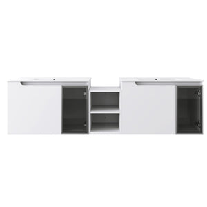 English Elm 72" Floating Double Bathroom Vanity Plywood Cabinet Ceramic Sinks Soft Close Doors W999S00533