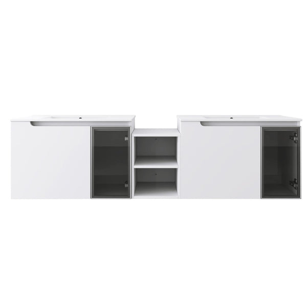 English Elm 72" Floating Double Bathroom Vanity Plywood Cabinet Ceramic Sinks Soft Close Doors W999S00533