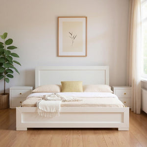 HomeRoots Moma Modern Wooden Platform Bed with Nightstand – Sleek Design, Durable Construction & Storage Solution White Queen 467650