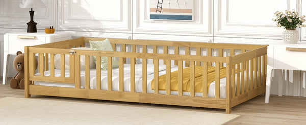English Elm Twin Size Rubberwood Floor Bed with Safety Fence for Toddler Rooms Natural Finish W504P370531