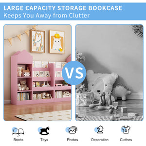 English Elm Pink Kids Wooden Bookshelf Toy Organizer with 6 Compartments, 2 Bins & Cubby Shelves - Sturdy MDF Storage for Nursery W2876P233556