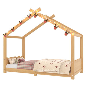 English Elm Twin House Frame Floor Bed Solid Pine Kids Room Montessori Low Profile Play Nook W1580P387836