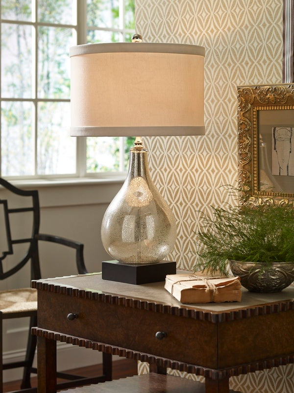 Wildwood Mercury Glass Lamp With Antiqued Teardrop Body, Black Wood Base & Brass Accents With Silk Shade 46785
