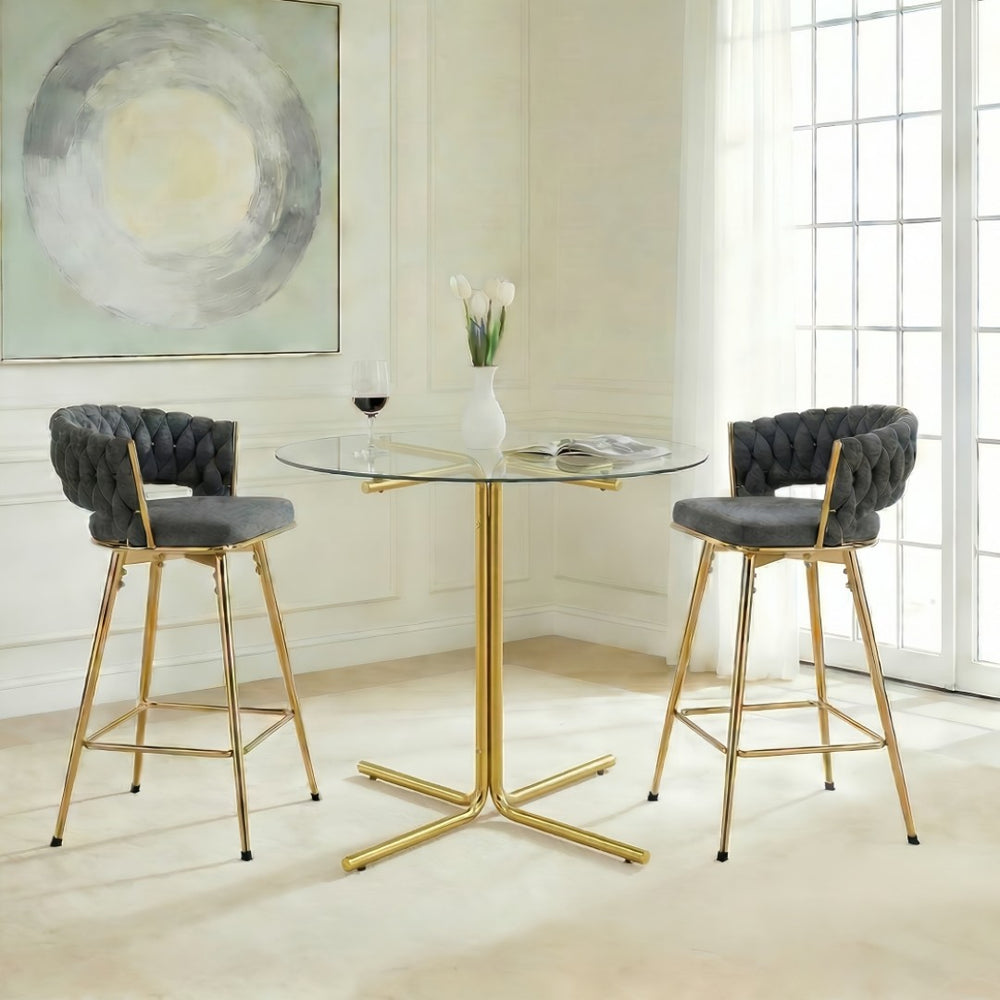 English Elm 2-person Tempered Glass Bar Table Set with Swivel Upholstered Chairs for Kitchen Dining Dark Gray,Gold,Transparent W2920S00120