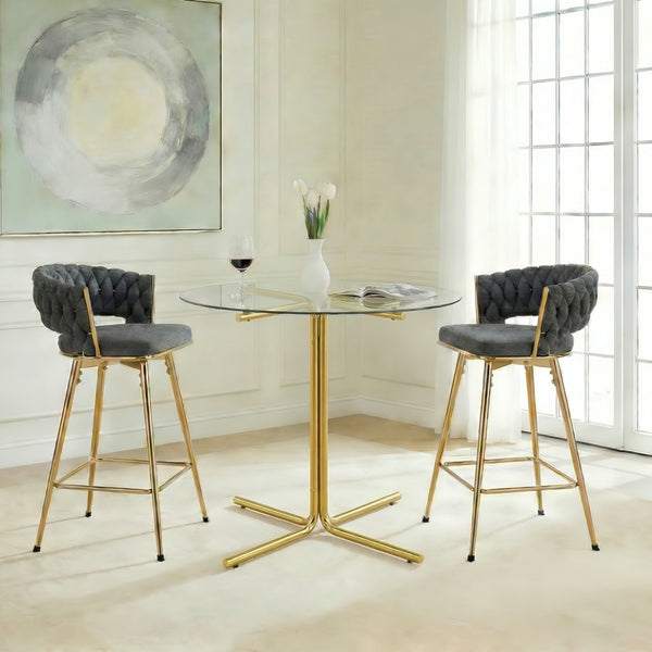 English Elm 2-person Tempered Glass Bar Table Set with Swivel Upholstered Chairs for Kitchen Dining Dark Gray,Gold,Transparent W2920S00120