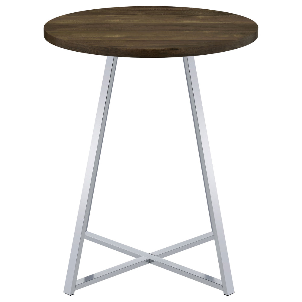 English Elm Burkhart Brown Oak 35" Round Pub Table with Flared Geometric Chrome Base — Rustic Modern Charm B062P344985