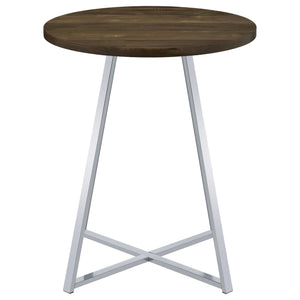 English Elm Burkhart Brown Oak 35" Round Pub Table with Flared Geometric Chrome Base — Rustic Modern Charm B062P344985